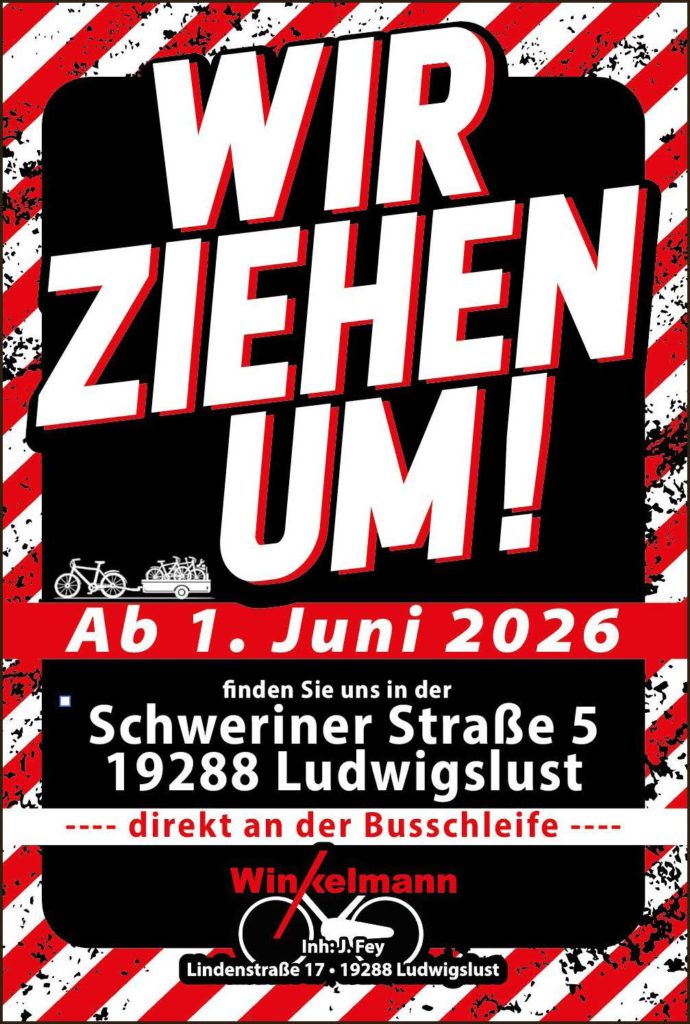 Wir ziehen um! Ab 1. Juni 2026 finden Sie uns in der Schweriner Straße 5 19288 Ludwigslust - direkt an der Busschleife. Winkelmann Inh. J. Frey Lindenstraße 17 19288 Ludwigslust.